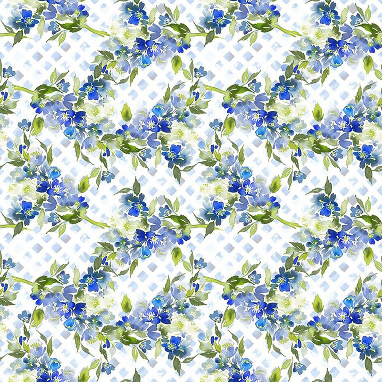 Victoria Lattice Blue Floral Cotton Fabric by In the Beginning by the yard